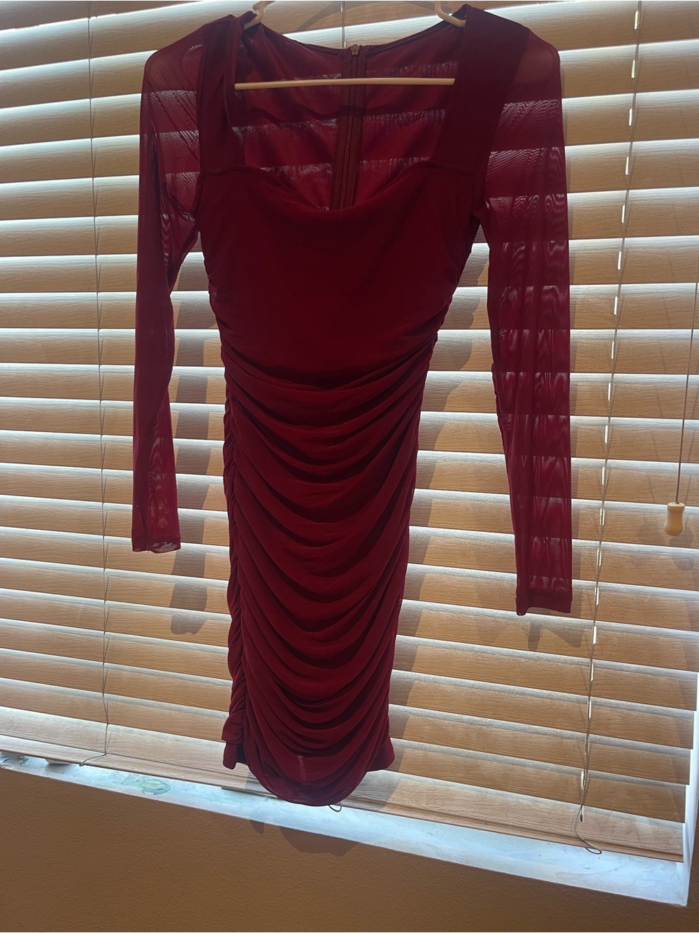 SHEIN Ruched Long-Sleeve Bodycon Dress in Burgundy